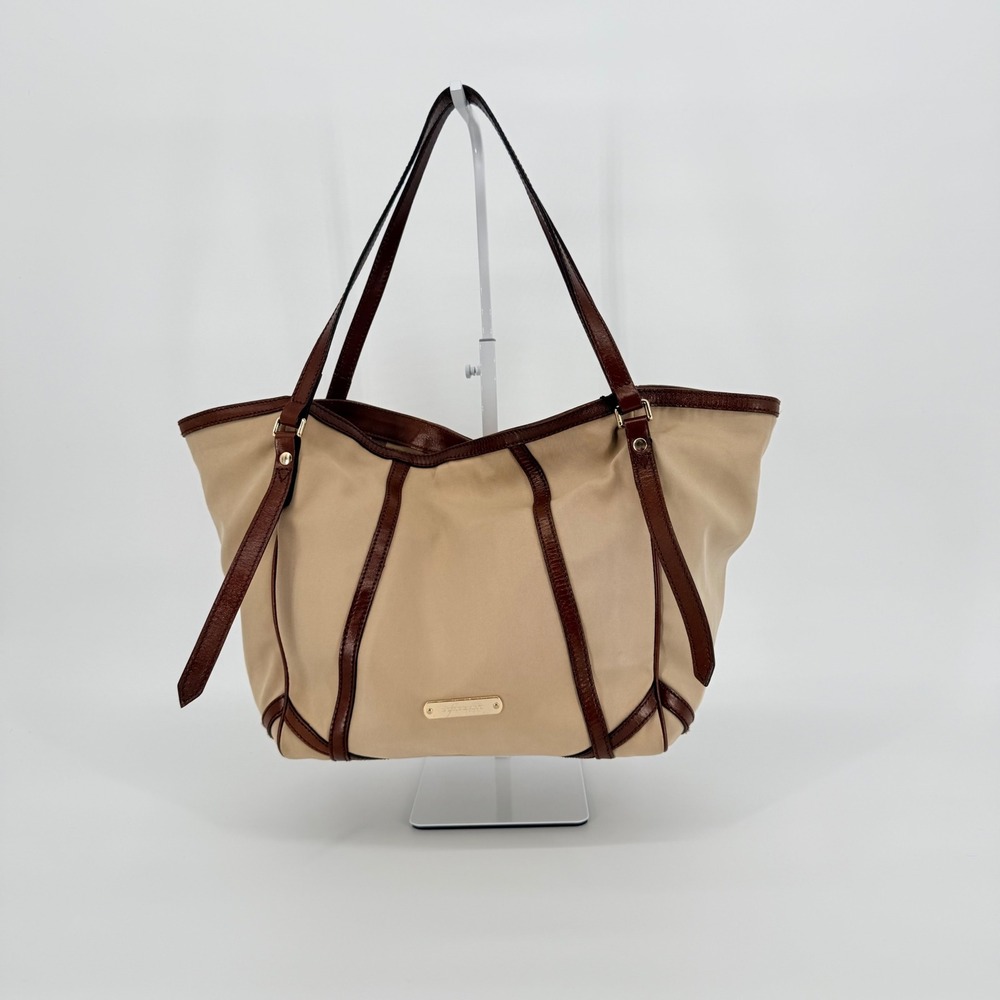 Burberry Tote Bag Beige Leather Trim Nylon Canvas House Check Luxury Vintage